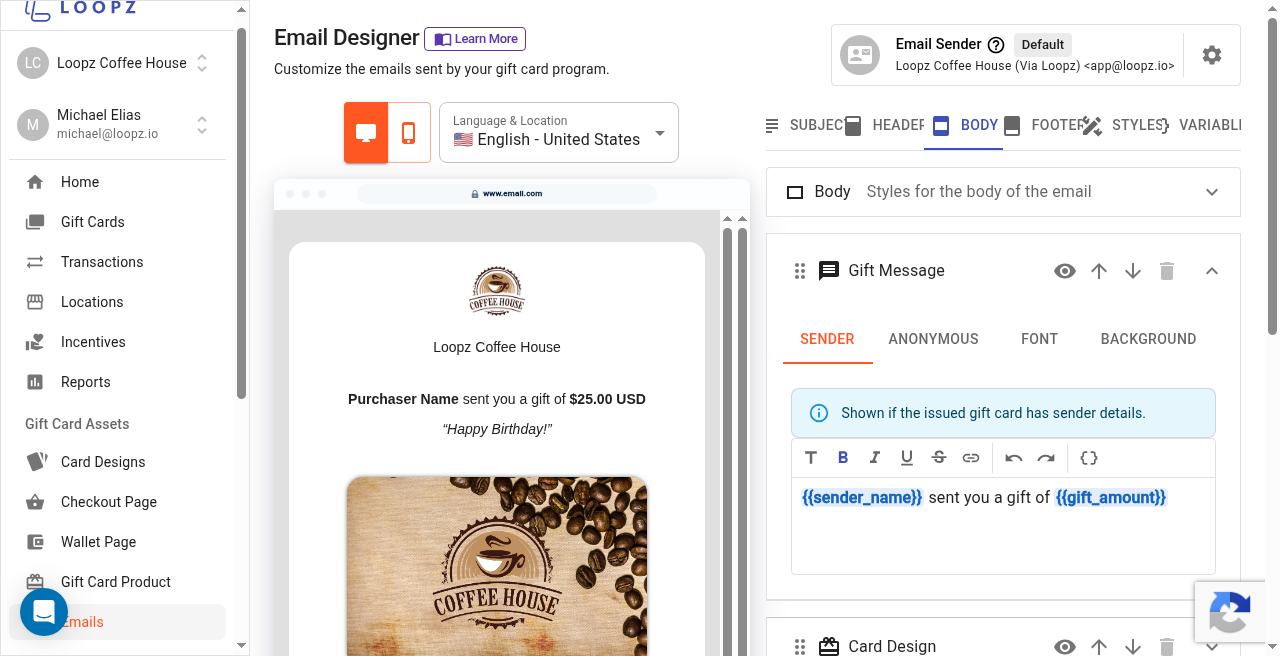 Email Designer with preview on the left and editing tabs on the right